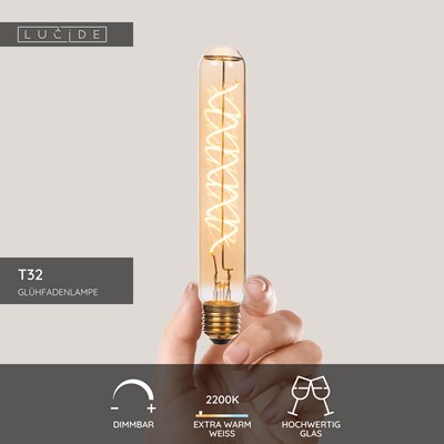 Lucide T32 - Glühfadenlampe - Ø 3,2 cm - LED 3 StepDim (Memory) - E27 - 1x4,9W 2200K - Amber